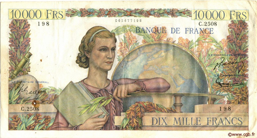 10000 Francs GÉNIE FRANÇAIS FRANCE  1952 F.50.57 VF