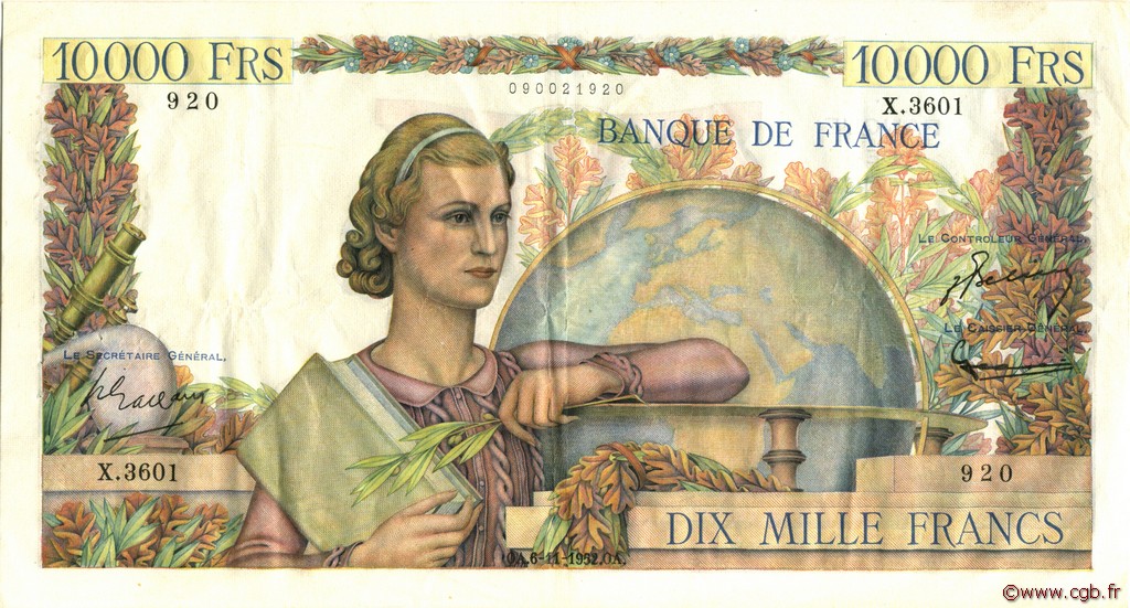 10000 Francs GÉNIE FRANÇAIS FRANCIA  1952 F.50.61 q.SPL