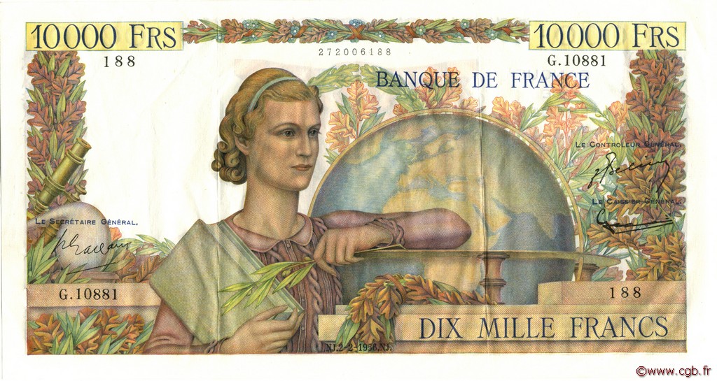 10000 Francs GÉNIE FRANÇAIS FRANCIA  1956 F.50.79 SPL