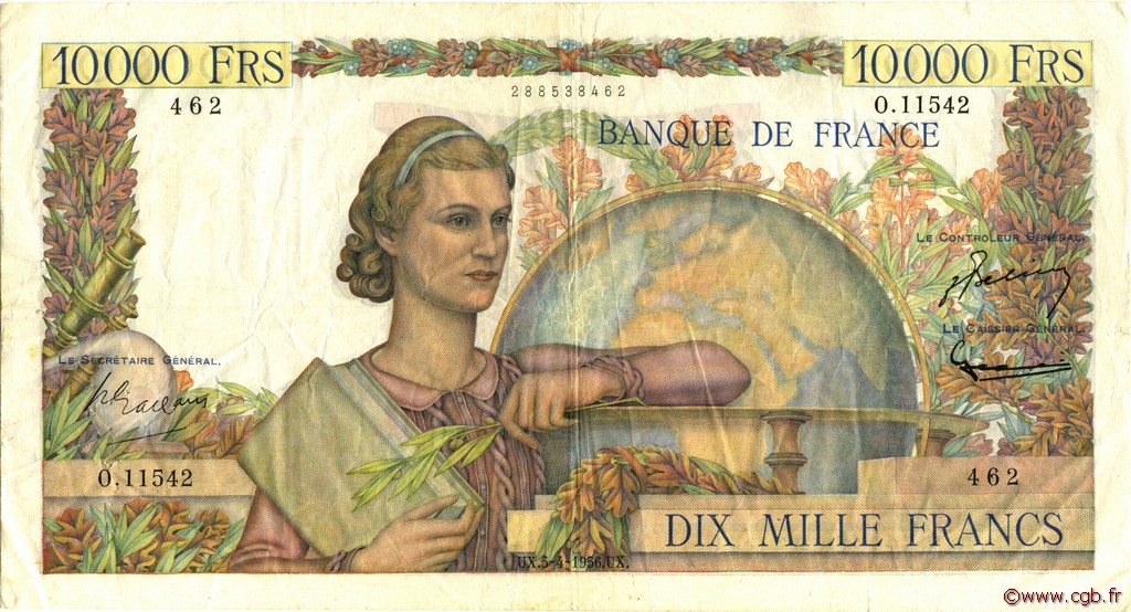 10000 Francs GÉNIE FRANÇAIS FRANCE  1956 F.50.80 VF