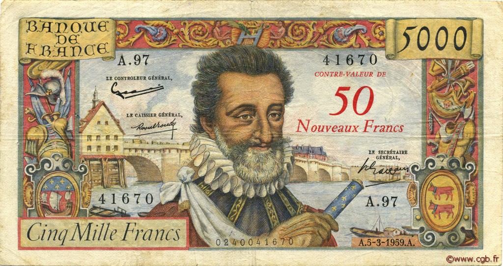 50 NF sur 5000 Francs HENRI IV FRANCIA  1959 F.54.02 MB