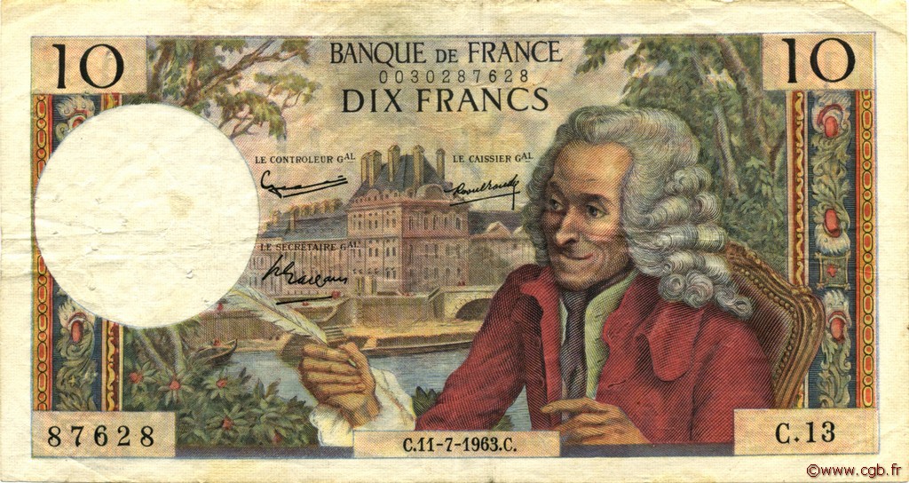 10 Francs VOLTAIRE FRANCE  1963 F.62.03 F+