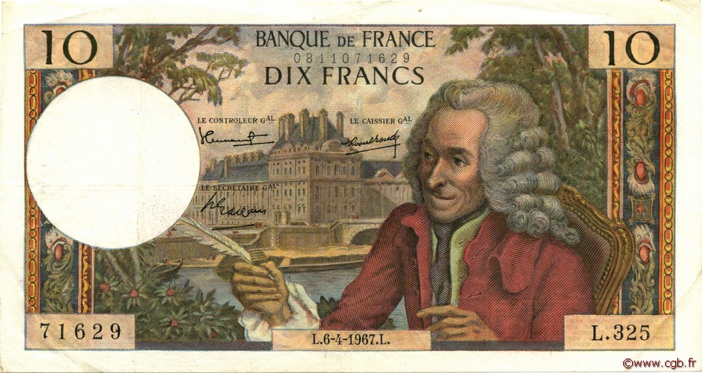 10 Francs VOLTAIRE FRANCE  1967 F.62.26 VF+