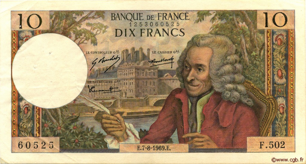 10 Francs VOLTAIRE FRANCE  1969 F.62.39 VF+