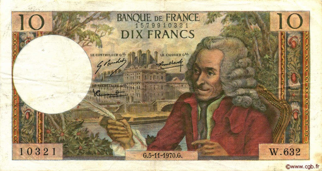 10 Francs VOLTAIRE FRANCE  1970 F.62.47 VF