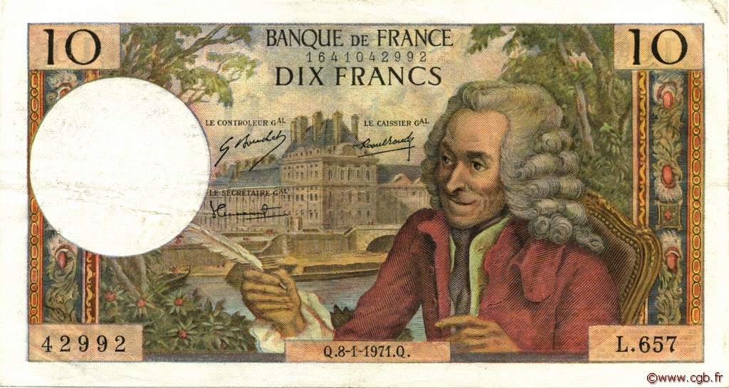 10 Francs VOLTAIRE FRANKREICH  1971 F.62.48 fVZ