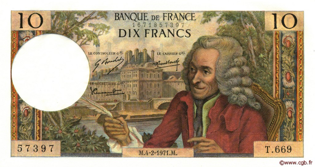 10 Francs VOLTAIRE FRANKREICH  1971 F.62.49 fST+