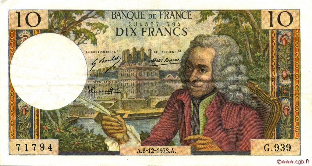 10 Francs VOLTAIRE FRANCIA  1973 F.62.65 MBC a EBC