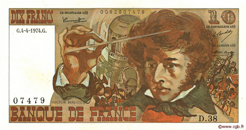 10 Francs BERLIOZ FRANCE  1974 F.63.04 XF+