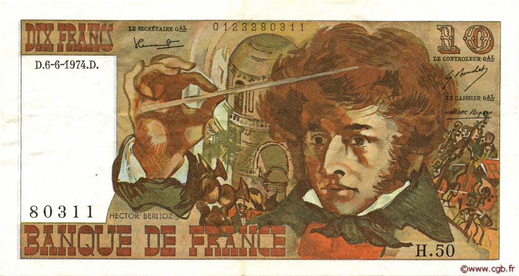 10 Francs BERLIOZ FRANCE  1974 F.63.05 VF+