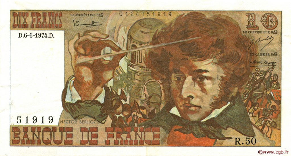 10 Francs BERLIOZ FRANKREICH  1974 F.63.05 fVZ