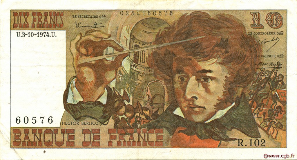 10 Francs BERLIOZ FRANCE  1974 F.63.07a VF