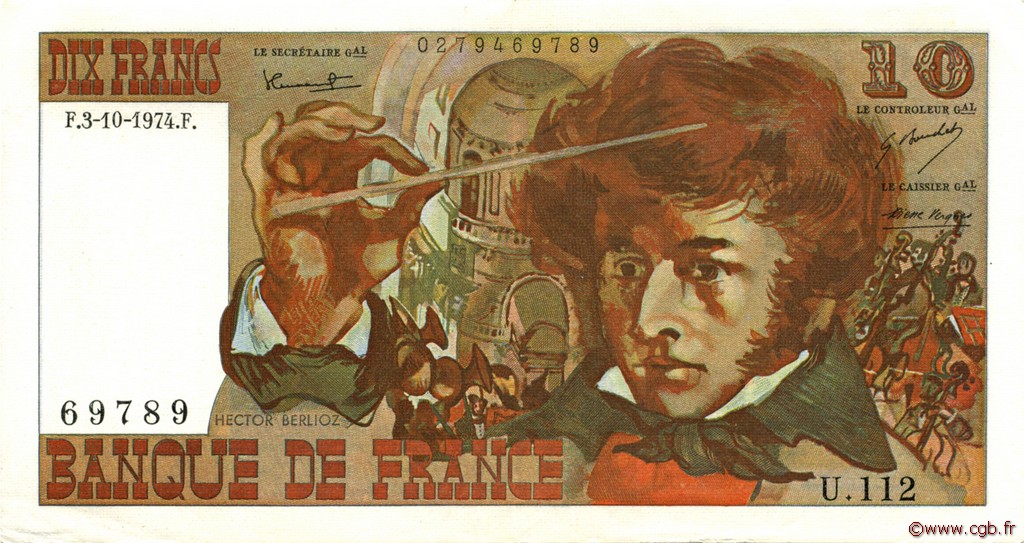10 Francs BERLIOZ FRANCE  1974 F.63.07b XF