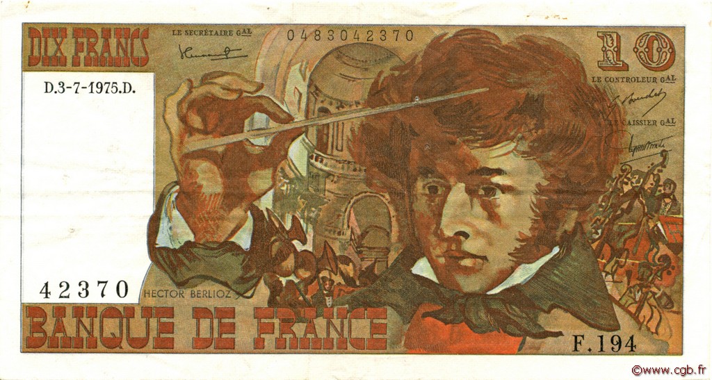 10 Francs BERLIOZ FRANKREICH  1975 F.63.11 fVZ