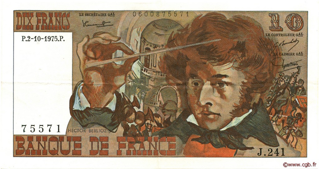 10 Francs BERLIOZ FRANCE  1975 F.63.13 XF