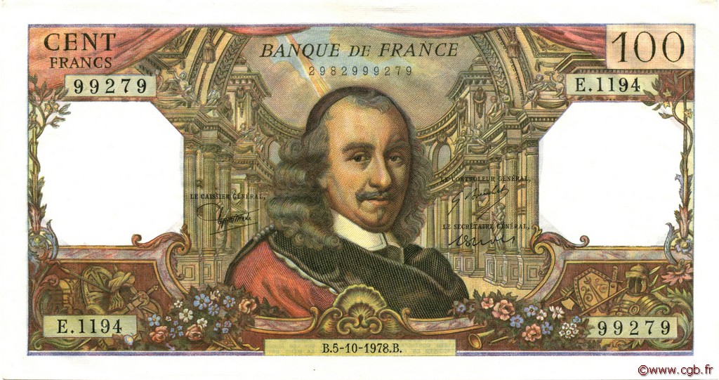 100 Francs CORNEILLE FRANCE  1978 F.65.63 AU-