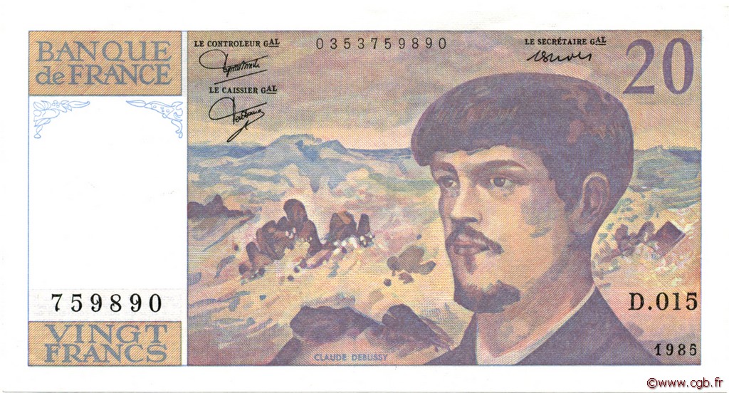 20 Francs DEBUSSY FRANCE  1985 F.66.06 AU+