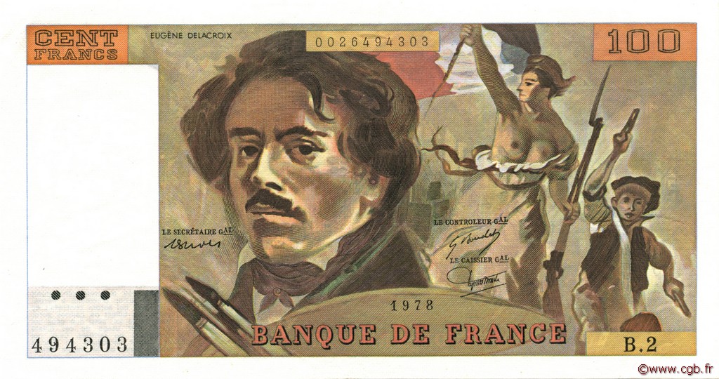100 Francs DELACROIX FRANCE  1978 F.68.02 XF+