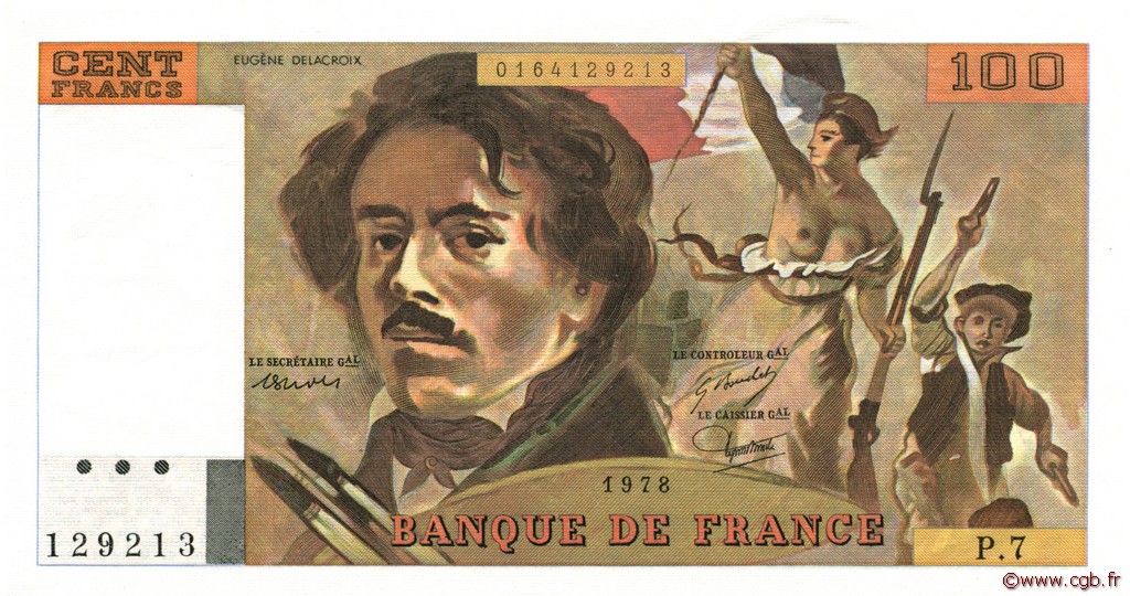 100 Francs DELACROIX modifié FRANCE  1978 F.69.01d SPL+