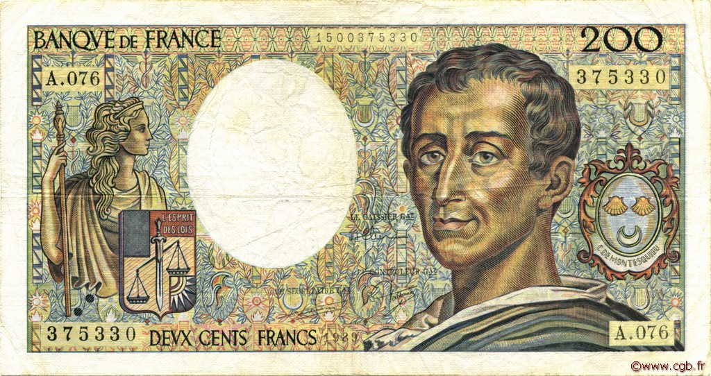 200 Francs MONTESQUIEU FRANCE  1989 F.70.09 F+