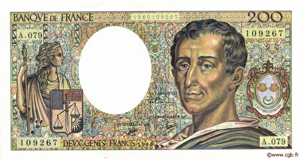 200 Francs MONTESQUIEU FRANCE  1990 F.70.10a AU