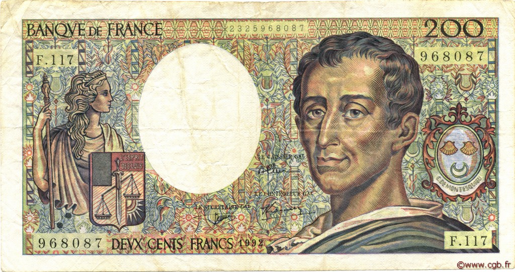 200 Francs MONTESQUIEU FRANCE  1992 F.70.12b VF-