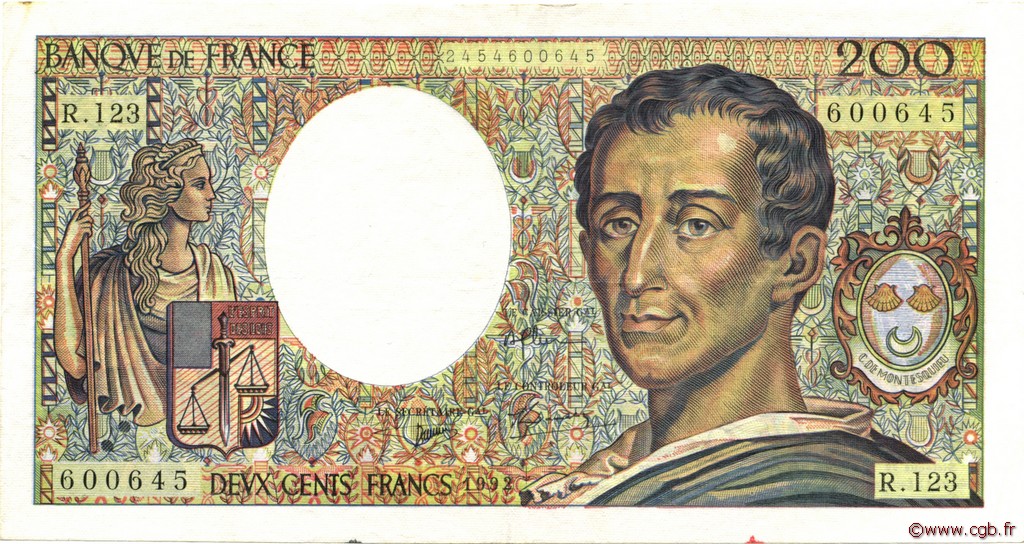 200 Francs MONTESQUIEU FRANKREICH  1992 F.70.12b fVZ