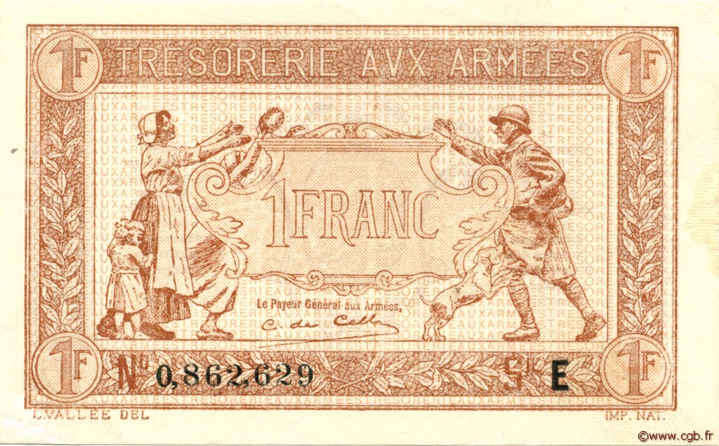 1 Franc TRÉSORERIE AUX ARMÉES 1917 FRANCIA  1917 VF.03.05 SC+