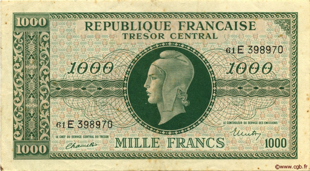 1000 Francs MARIANNE THOMAS DE LA RUE FRANCIA  1945 VF.13.02 MBC+