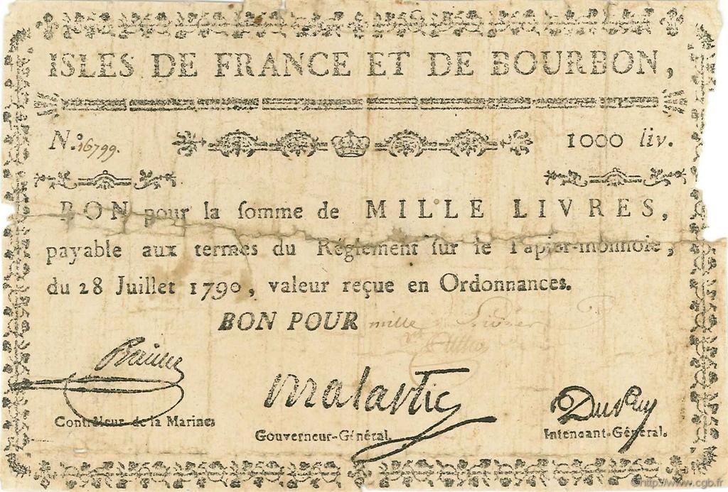 1000 Livres ISOLE DE FRANCIA E BORBONE  1790 P.23 B