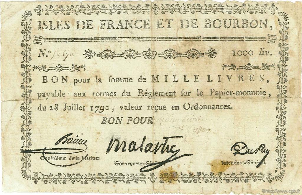 1000 Livres ISOLE DE FRANCIA E BORBONE  1790 P.23 q.MB