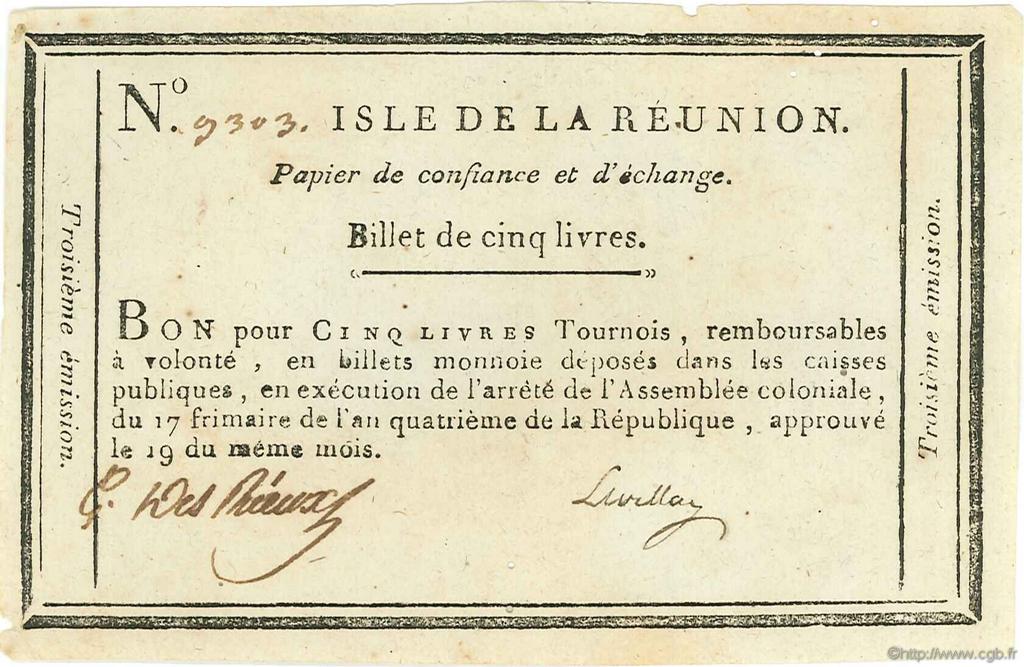 5 Livres REUNION ISLAND  1795 P.A10 XF-