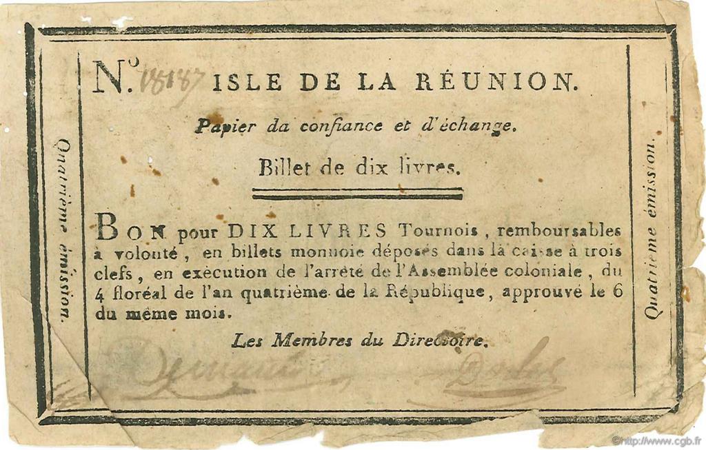 10 Livres ISOLA RIUNIONE  1796 P.A11bis MB