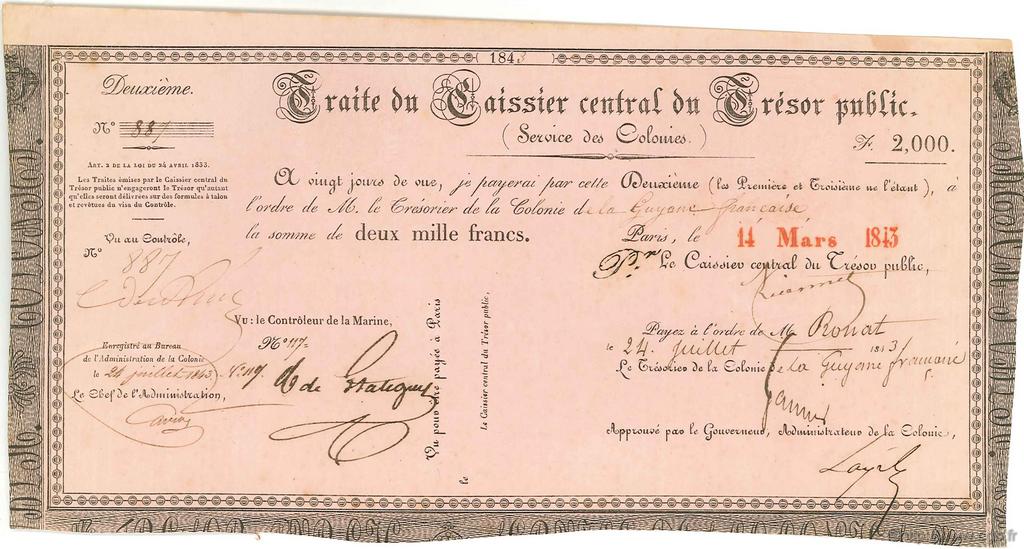 2000 Francs FRENCH GUIANA  1843 P.-- VF+