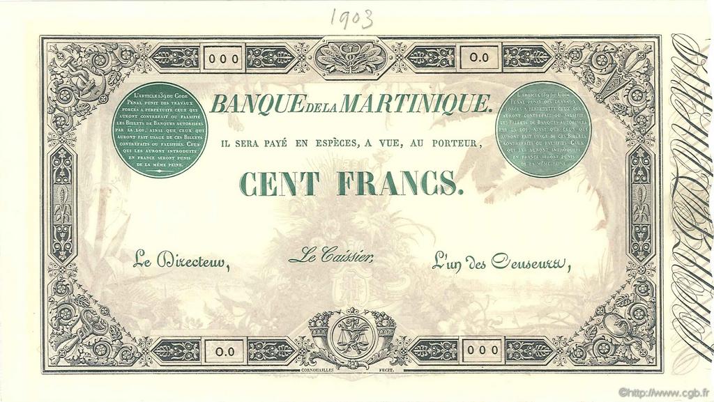 100 Francs Épreuve MARTINIQUE  1903 P.08s UNC