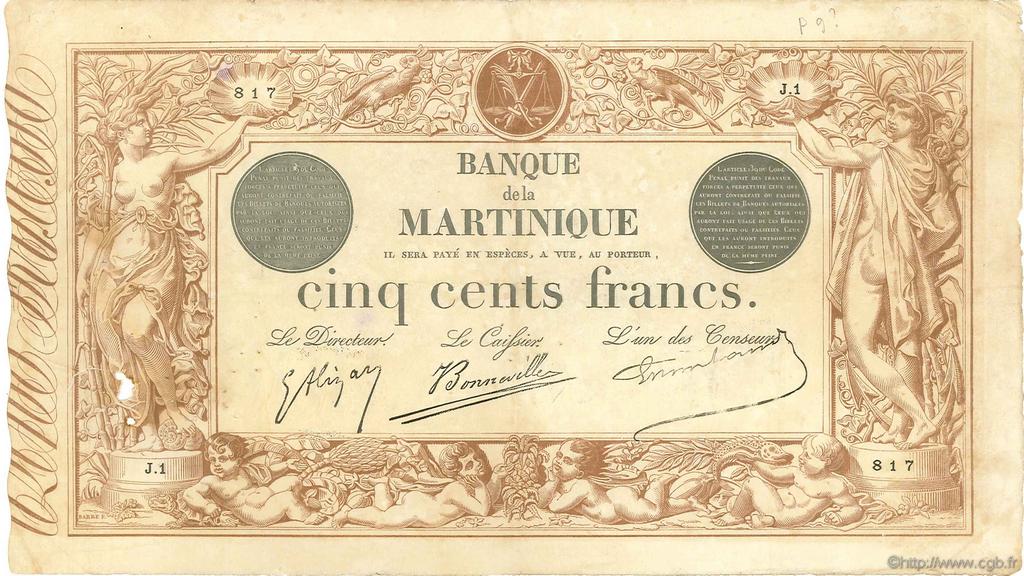 500 Francs MARTINIQUE  1910 P.09 BC+
