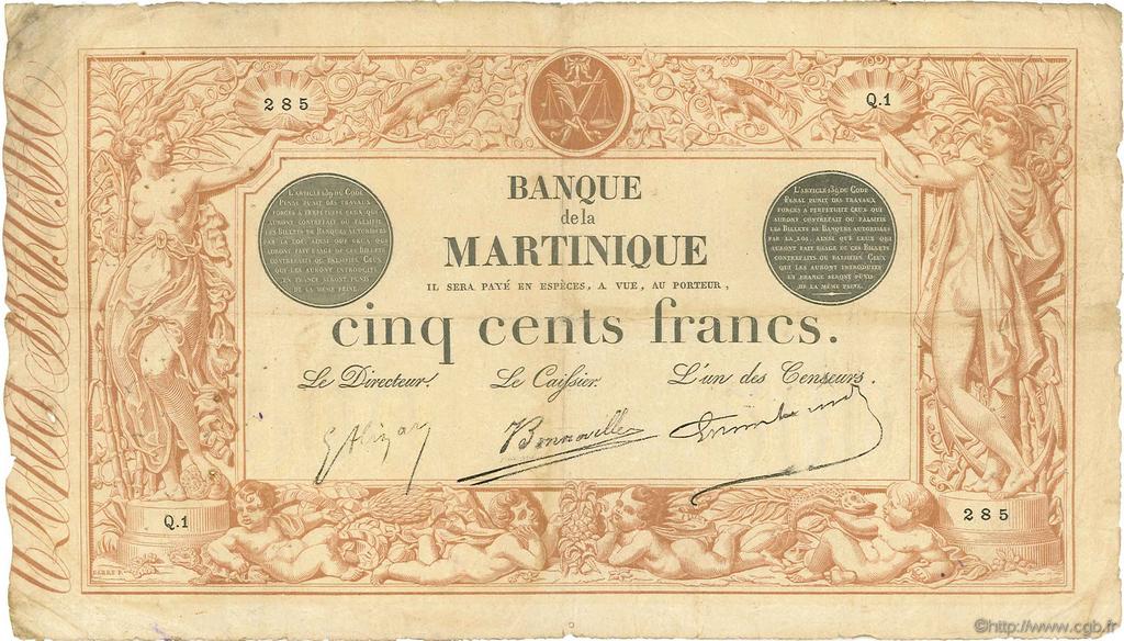 500 Francs MARTINIQUE  1910 P.09 q.MB