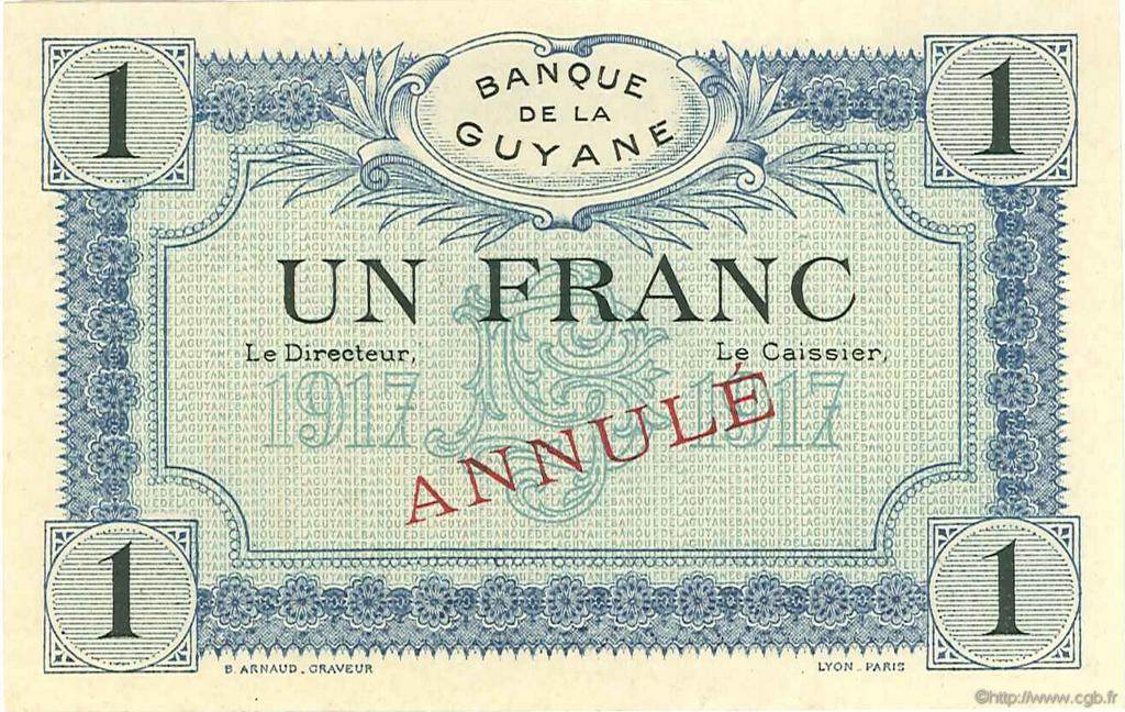 1 Franc Annulé FRENCH GUIANA  1917 P.05s AU