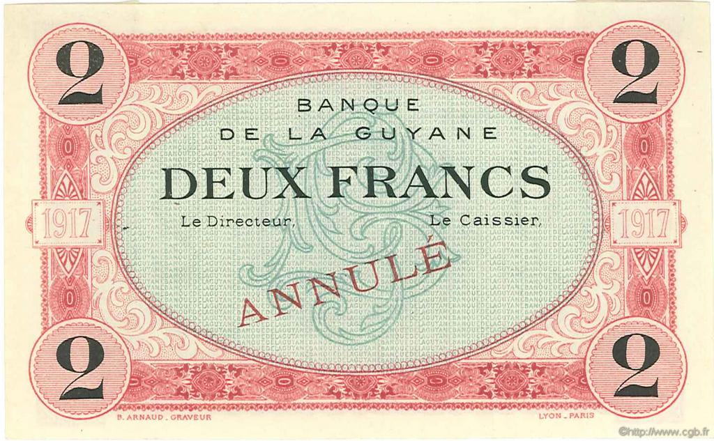 2 Francs Annulé FRENCH GUIANA  1917 P.06s AU