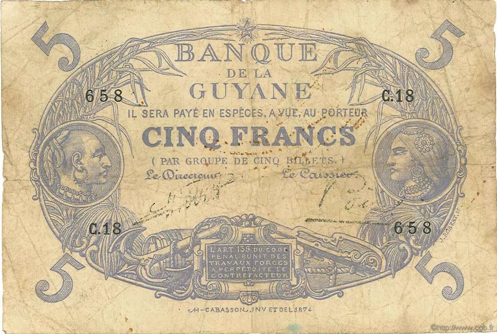 5 Francs Cabasson bleu FRENCH GUIANA  1922 P.01a fS