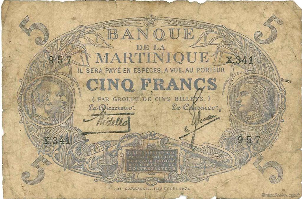 5 Francs Cabasson bleu MARTINIQUE  1935 P.06B fSGE