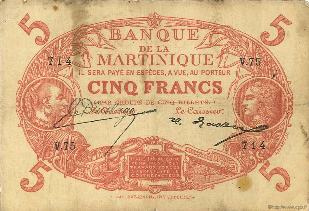5 Francs Cabasson rouge MARTINIQUE  1922 P.06A BC
