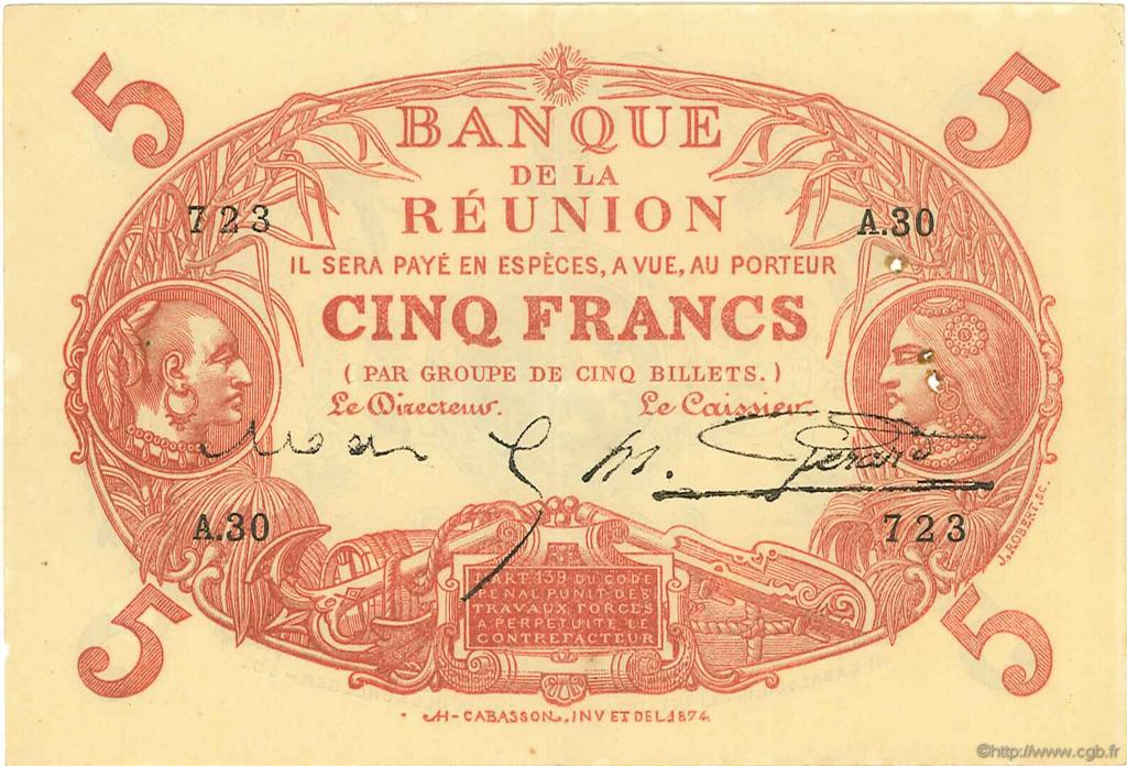 5 Francs Cabasson rouge REUNION  1920 P.14 XF-
