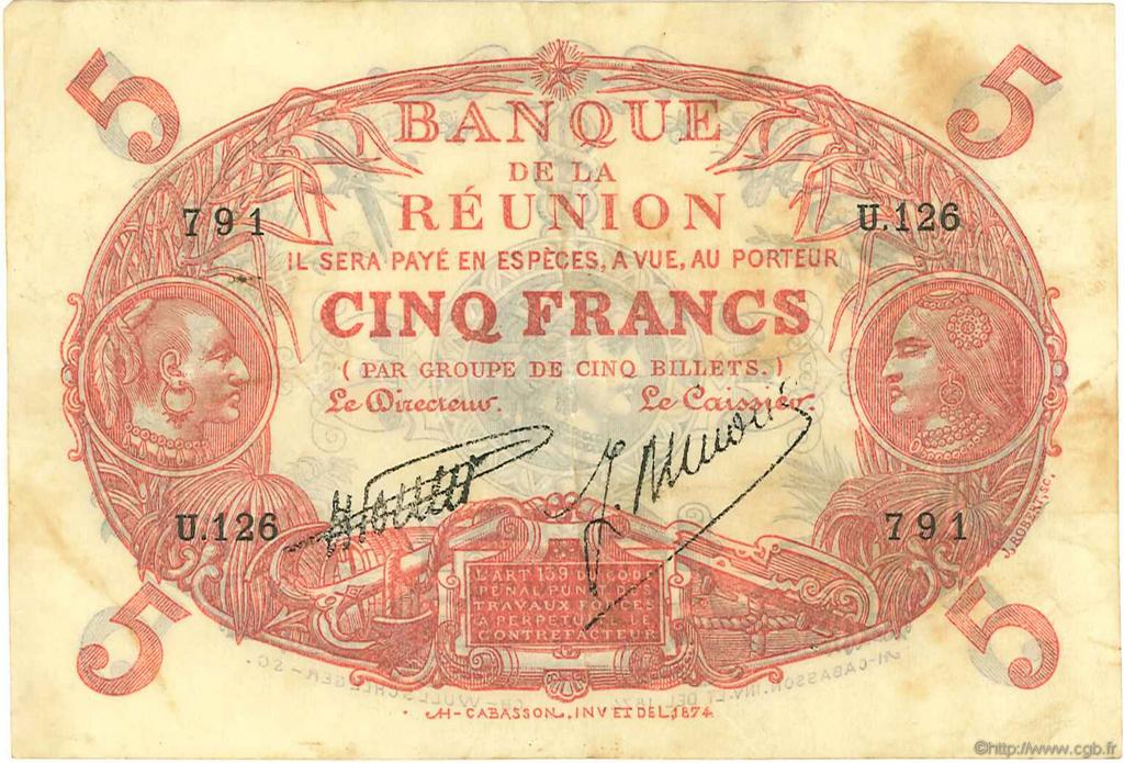 5 Francs Cabasson rouge REUNION INSEL  1938 P.14 SS