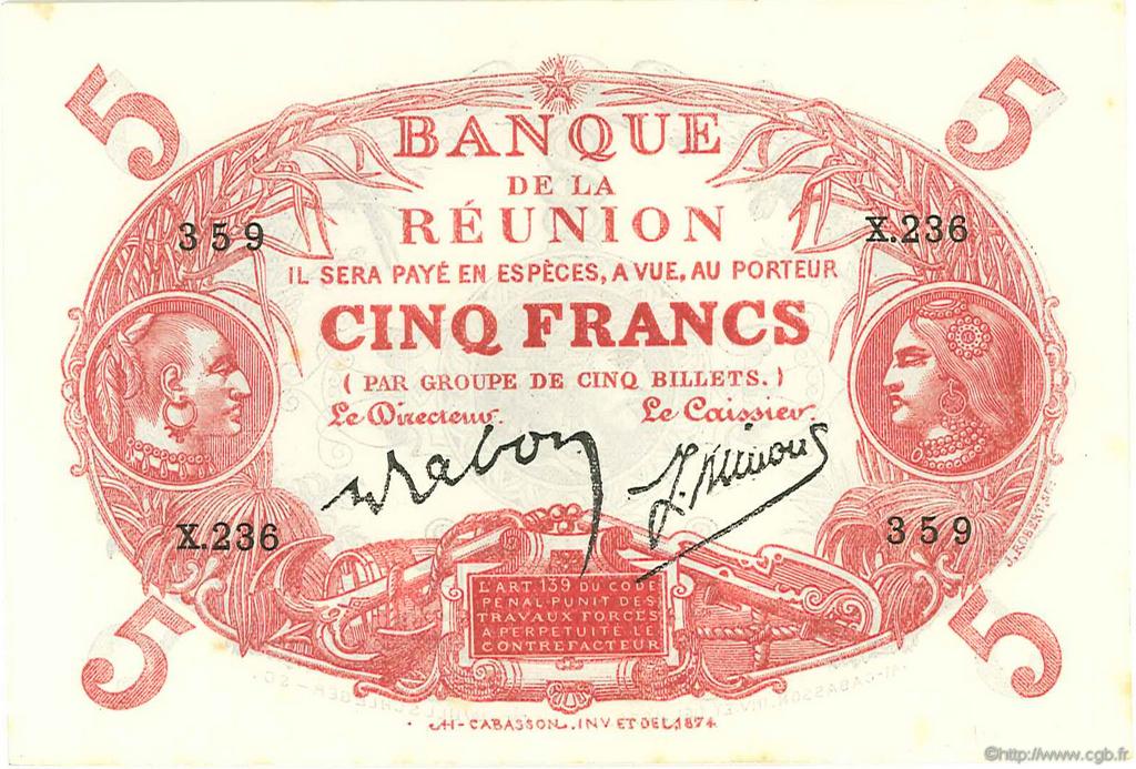 5 Francs Cabasson rouge REUNION INSEL  1944 P.14 fST+