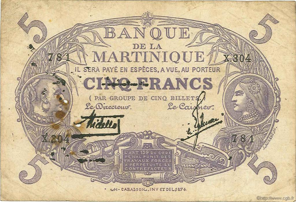 5 Francs Cabasson violet MARTINIQUE  1934 P.06 fS