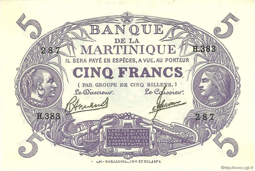 5 Francs Cabasson violet MARTINIQUE  1946 P.06C UNC-
