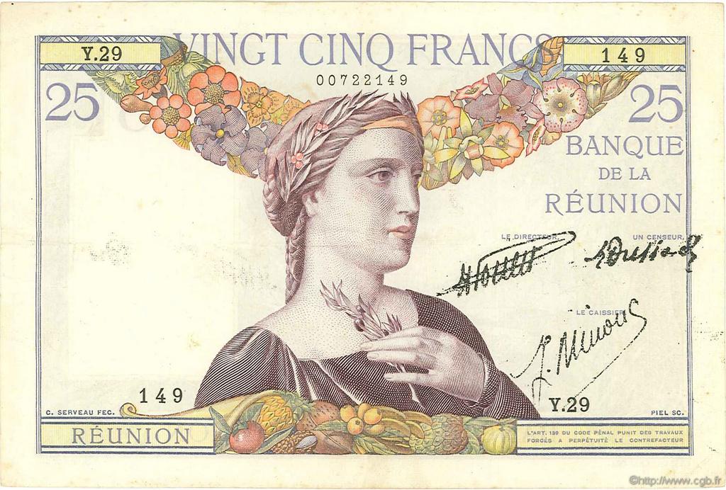 25 Francs REUNION ISLAND  1940 P.23 VF