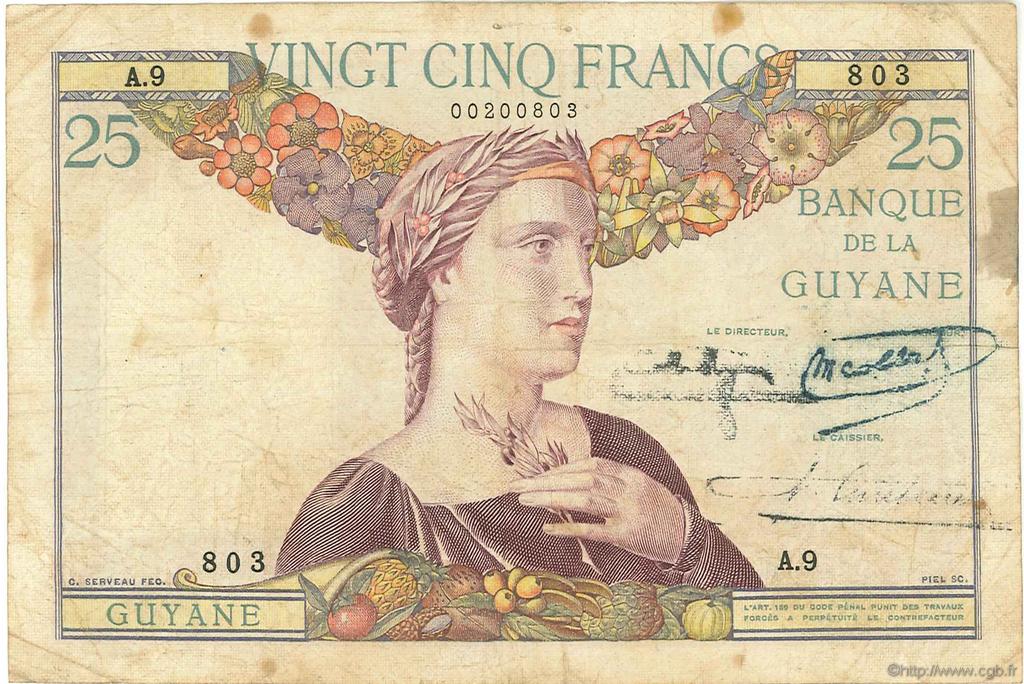 25 Francs FRENCH GUIANA  1940 P.07 B a MB