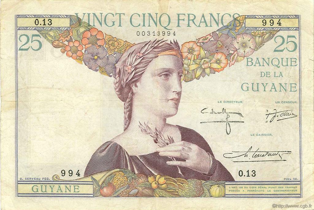 25 Francs FRENCH GUIANA  1942 P.07 F - VF